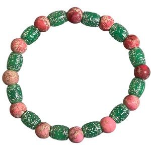 Green & silver carved bead & light pink imperial Jasper beaded bracelet NEW